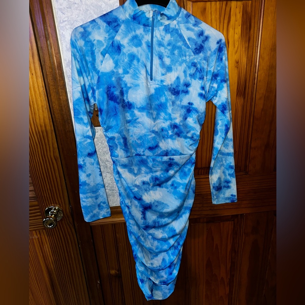 MM White and Blue Tye-Dye Bodycon Dress